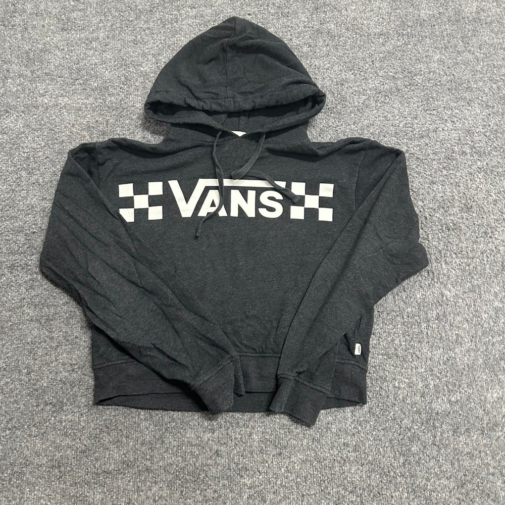 Vans Hoodie Womens Size S Charcoal Grey Checkerboard Logo Cropped Sweatshirt